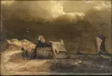 Rsa John Wilson, Coastal scene with boats and figures, oil on panel