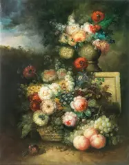 L. Martin, Still life of flowers in a parkland landscape, oil on canvas