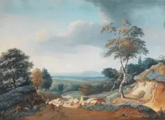 Lazare Bruandet, A cattleherd on a country lane, gouache on laid paper