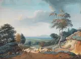 Lazare Bruandet, A cattleherd on a country lane, gouache on laid paper