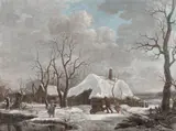 Dutch School 19th century, Cottages in winter with figures collecting wood, oil on canvas