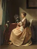 Interior with lady seated, reading a letter by Continental School, oil on panel, sold Aug 2021