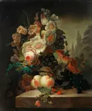 Cornelis van Spaendonck, Still life of flowers and fruit on a pedestal, oil on canvas
