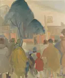 The bus stop by R.B.A. Ronald Ossory Dunlop R.A., oil on canvas, sold Aug 2021