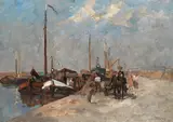 Cor Noltee, Busy harbour scene, oil on canvas