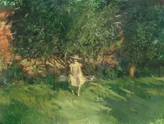 N.E.A.C. Peter Kuhfeld R.P., Girl seated on a garden bench, oil on canvas
