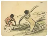 Max Pechstein, Zwei weibliche Akte im Meer“ (Nidden), Um 1911, Schwarze und farbige Kreide auf Papier (aus einem Skizzenbuch)