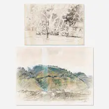 Jacobo Borges, Untitled (landscape) and Untitled (landscape 12 March 1976) from the from the La Montaña y su Tiempo suite, pastel on paper; ink on paper