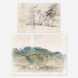 Jacobo Borges, Untitled (landscape) and Untitled (landscape 12 March 1976) from the from the La Montaña y su Tiempo suite, pastel on paper; ink on paper