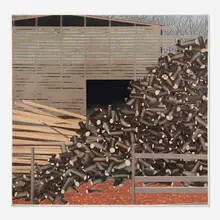 Maud Gatewood, Woodyard Slabs & Logs, 1981, acrylic on canvas