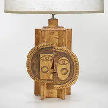 table lamp by Roger Capron, c. 1970, hand-built stoneware, linen, walnut, sold Mar 2006