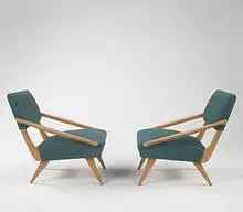 attribution Gio Ponti, lounge chairs, pair, c. 1950, birch, upholstery, brass