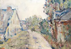 Paul Krôn, Charrette dans la rue du village, oil on canvas