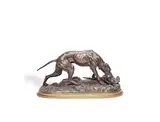 Jules Moigniez, patinated bronze model of a dog with a pheasant