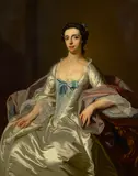 Thomas Hudson, A portrait of an elegant lady seated in a white satin dress, oil on canvas