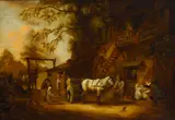 Adriaen van Ostade, Figures loading barrels on a wagon outside a country Inn, oil on canvas