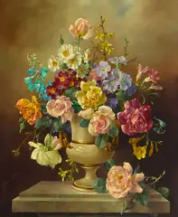 An opulent still life of assorted flowers in a porcelain urn on a stone ledge by Harold Clayton, oil on canvas, sold Nov 2021