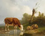 Eugène Verboeckhoven, A cow watering near sheep resting in a landscape