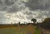 Jan Hillebrand Wijsmuller, Stormy skies over a hayfield, oil on canvas laid down on panel