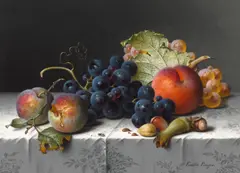 Emilie Preyer, A still life of plums, grapes, a peach, and tree nuts on a draped table, oil on canvas