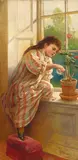 Karl Witkowski, A young girl watering a geranium, oil on canvas
