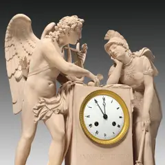 Terracotta-Pendule Amor et Ratio by Henri Victor Roguier, 1815, Terracotta, gefaßt; Pariser Uhrwerk mit 1/2 Stundenschlag auf Glocke, sold May 2013