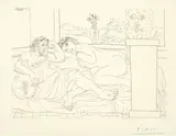 Pablo Picasso, Vieux sculpteur grec avec modèle, vase aux trois anémones et autoportrait sculpté, 1933, Radierung auf festem Bütten (Wasserzeichen: Vollard)