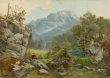 Carl Spitzweg, Hochgebirgslandschaft mit Maler, Öl auf Bütten auf Pappe