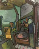 Anton Kerschbaumer, Atelierecke mit Strebe (Blick ins Atelier), 1924, Öl auf Leinwand