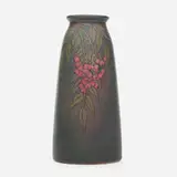 Vellum vase with red berries by Olga Geneva Reed for Rookwood Pottery, 1910, glazed earthenware, sold Jun 2020