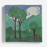 Rare landscape tile by Frederick Hurten Rhead for Arequipa Pottery, 1912, glazed squeezebag-decorated earthenware, sold Jun 2020