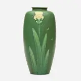 vase with irises by Grueby Faience Company, 1898-1910, glazed earthenware, sold Jun 2020