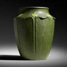 Rare vase with cinquefoils by Marie Seaman for Grueby Faience Company, c. 1905, glazed earthenware, sold Jun 2020