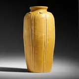 Rare vase with leaves by Grueby Faience Company, 1898-1910, glazed earthenware, sold Jun 2020