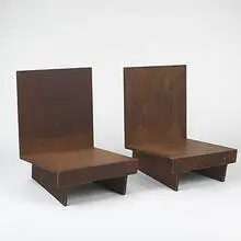 lounge chairs from the Sweeton House by Frank Lloyd Wright, 1951, redwood plywood, upholstery, sold Mar 2006