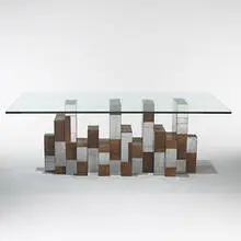 Cityscape dining table by Paul Evans, c. 1970, maple burl, chrome-plated steel, glass, sold Mar 2006