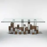 Cityscape dining table by Paul Evans, c. 1970, maple burl, chrome-plated steel, glass, sold Mar 2006