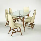attribution Carlo de Carli, dining set, c. 1950, Italian walnut, brass, glass, vinyl