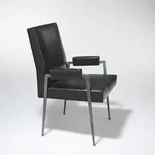 André Leleu, armchair, c. 1960, steel, brass, vinyl