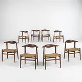 Cow Horn chairs, set of eight by Hans J. Wegner, 1952, teak, caning, sold Mar 2006