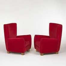 Relax chairs, pair by Jean Royere, 1947, upholstery, birch, sold Mar 2006