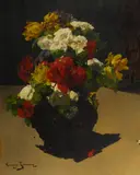 Georges Jeannin, A still life of assorted flowers in a vase, oil on canvas