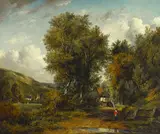 Frederick William 'Waters' Watts, A country cottage with a figure on a path, oil on canvas