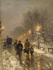 Ludvig Munthe, An evening snow covered street scene, oil on panel