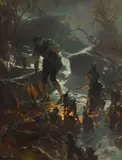 Edgar Bundy, The grave digger and the elves, oil on canvas