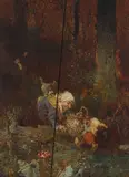 Heinrich Schlitt, Busy gnomes in a woodland forest, oil on panel