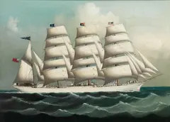 Anglo-Chinese School, The Schooner Juteopolis leaving Hong Kong bound for America, circa 1908, oil on canvas