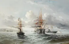 Richard Henry Nibbs, French sailing ships at the mouth of a harbor, oil on canvas