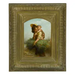 Charles Jalabert, A mother holding her child wading a stream with thatches, oil on panel
