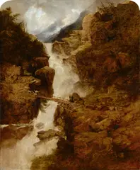 William West, Waterfall and road to the saeter, oil on canvas